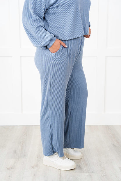 Ribbed Long Sleeve Round Top With Elastic Waistband Lounge Pant Set (Multiple Colors)