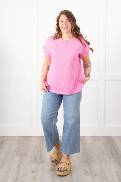 Door Buster! Plus/Reg Waffle Knit Short Dolman Sleeve Round Neck Top
