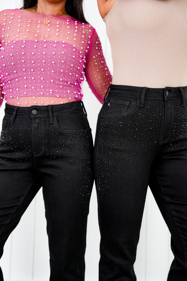 Judy Blue Frost Yourself High Rise Black Rhinestone Embellished Slim Jeans