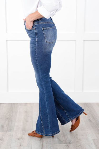 Risen High Rise Dark Wash Flare Jeans with Front Seam Detail