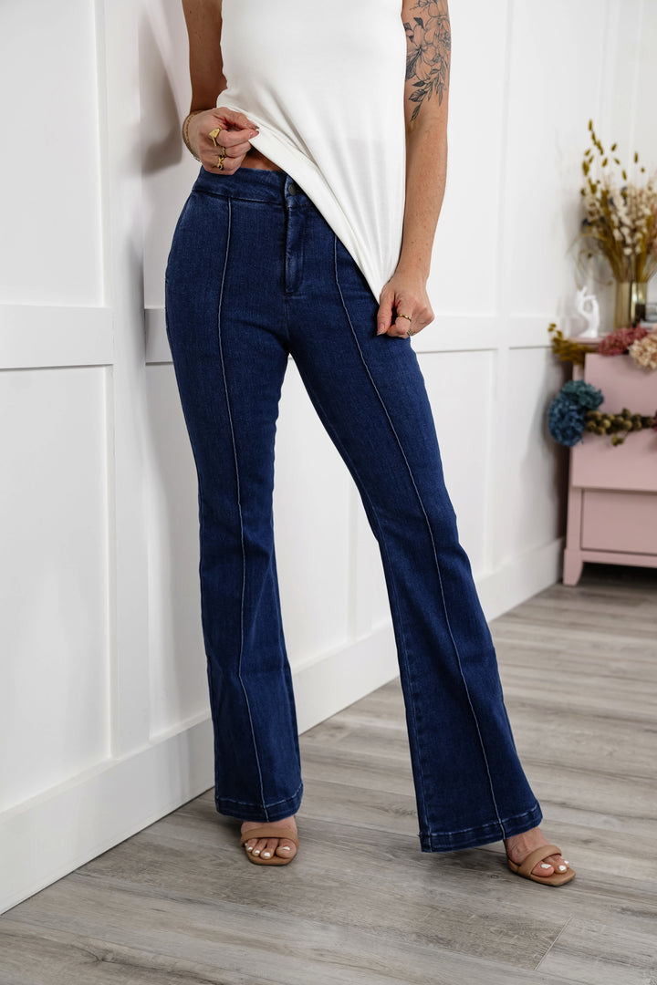 Special A High Rise Dark Wash Tummy Control Flare Jeans with Front Seam Detail