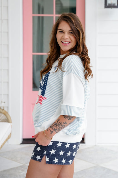 Short Sleeve "USA" Patchwork Pullover Top