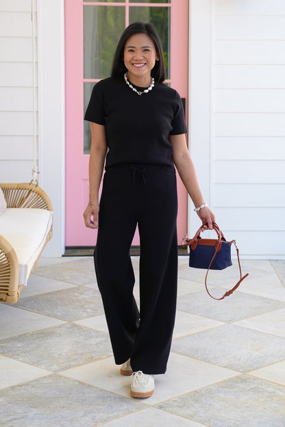Ribbed Short Sleeve Round Neck with Elastic Waistband Pant Set