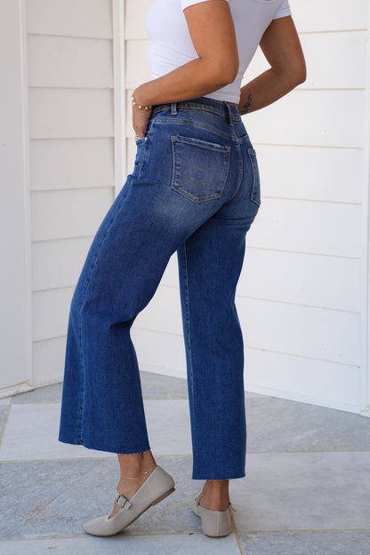 Risen Mid Rise Dark Wash Tummy Control Elastic Waistband Cropped Wide Leg Jeans