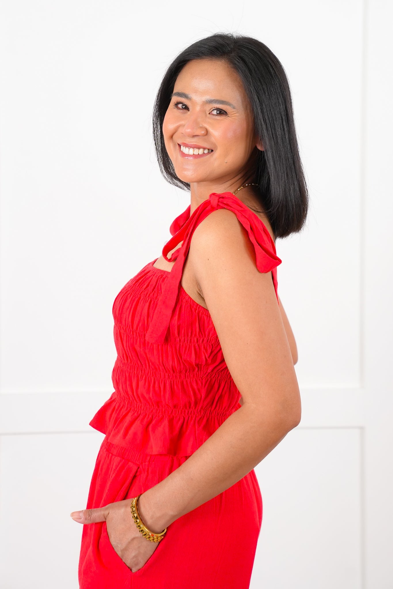 Linen Blend Sleeveless Smocked Top with Tie Straps