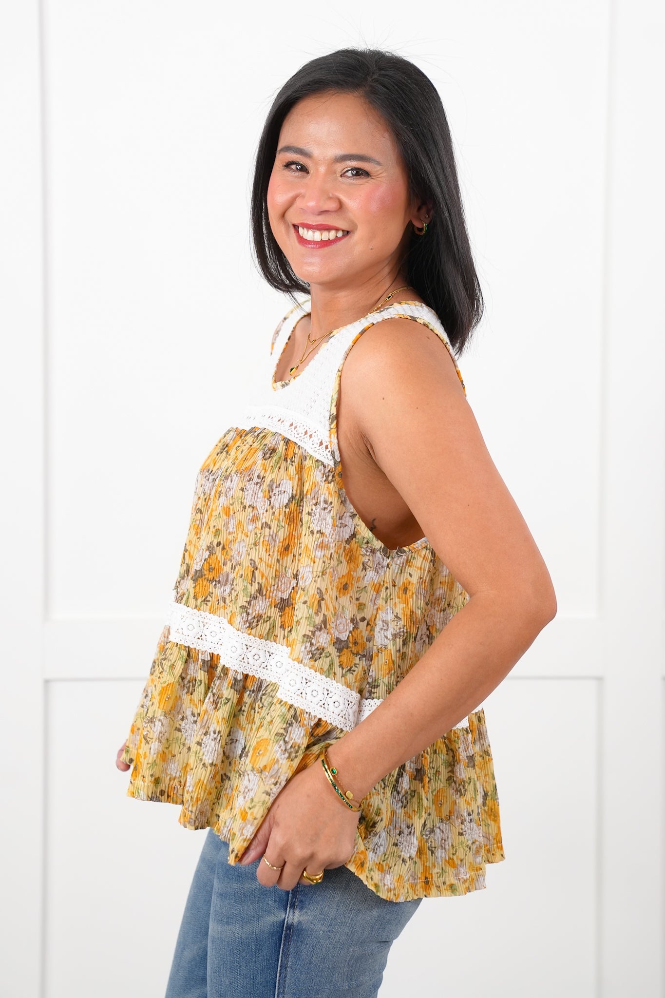 POL Floral Sleeveless Woven Top with Lace Detail