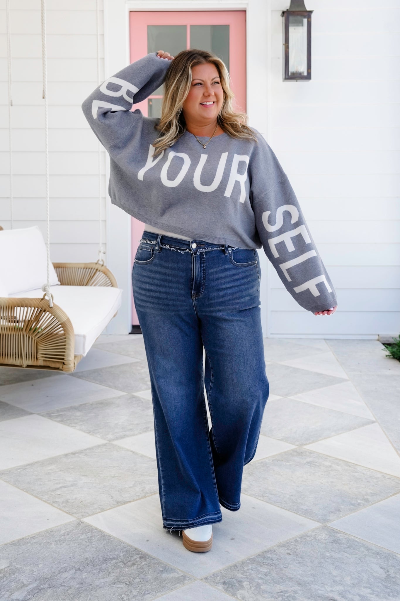 Plus/Reg Long Sleeve "Be Your Self" Cropped Sweater