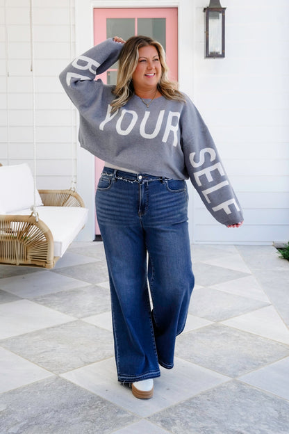 Plus/Reg Long Sleeve "Be Your Self" Cropped Sweater