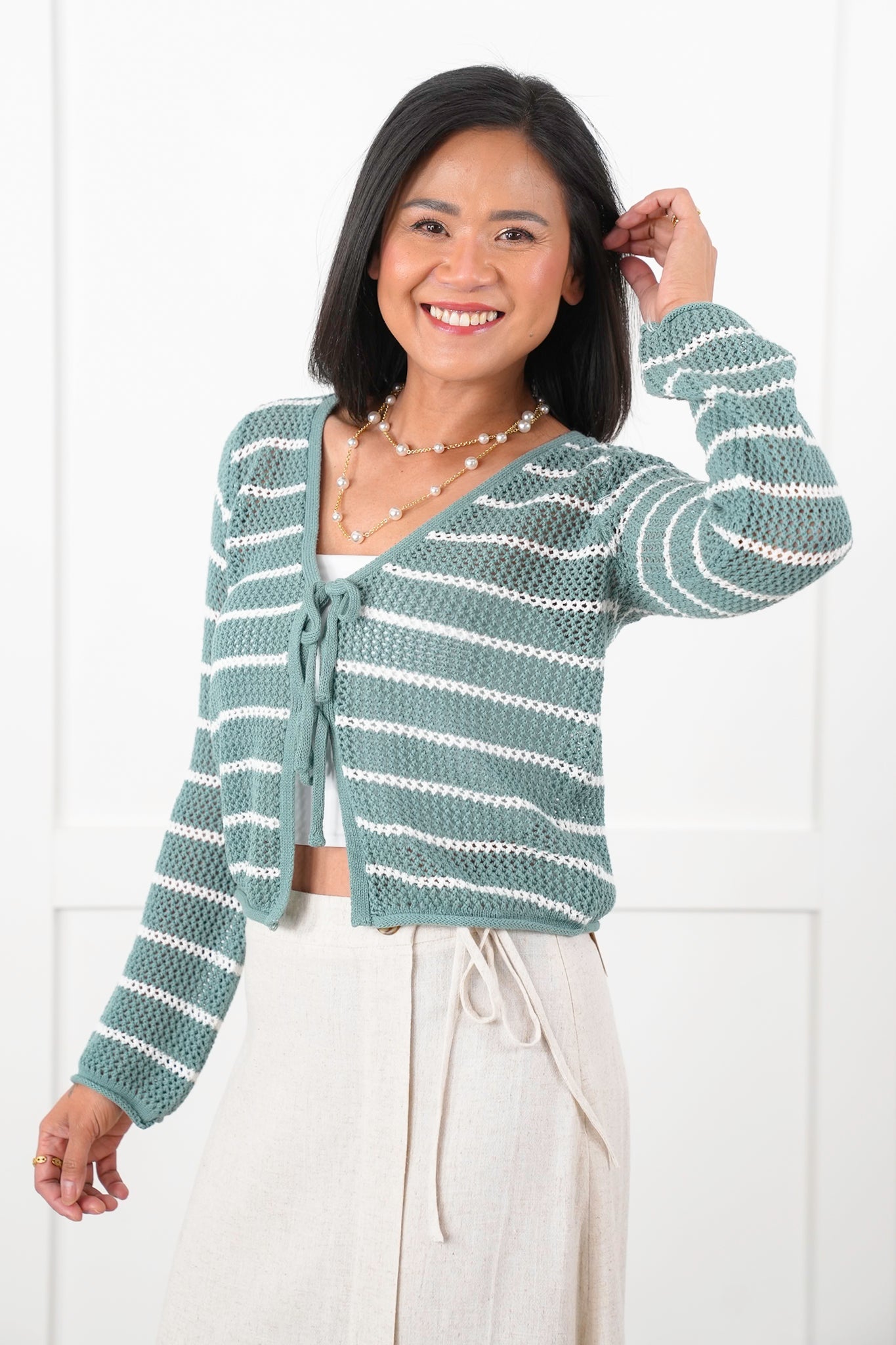 Striped Crochet Long Sleeve Cardigan with Front Tie Detail