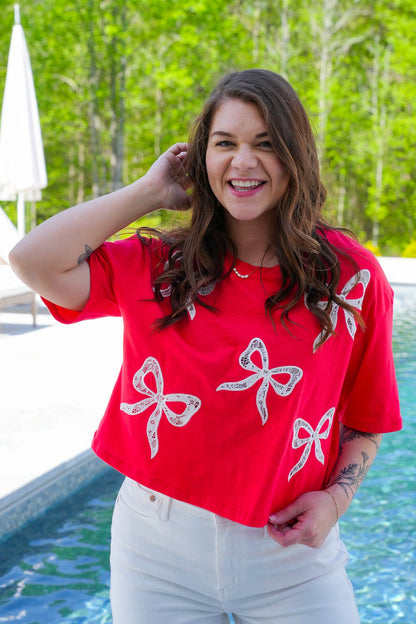 Short Sleeve Crop Top with Lace Bow Detail