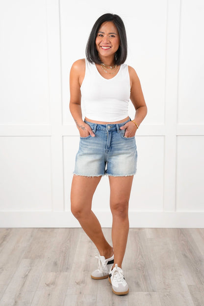 Mica Medium Wash Frayed Hem Shorts