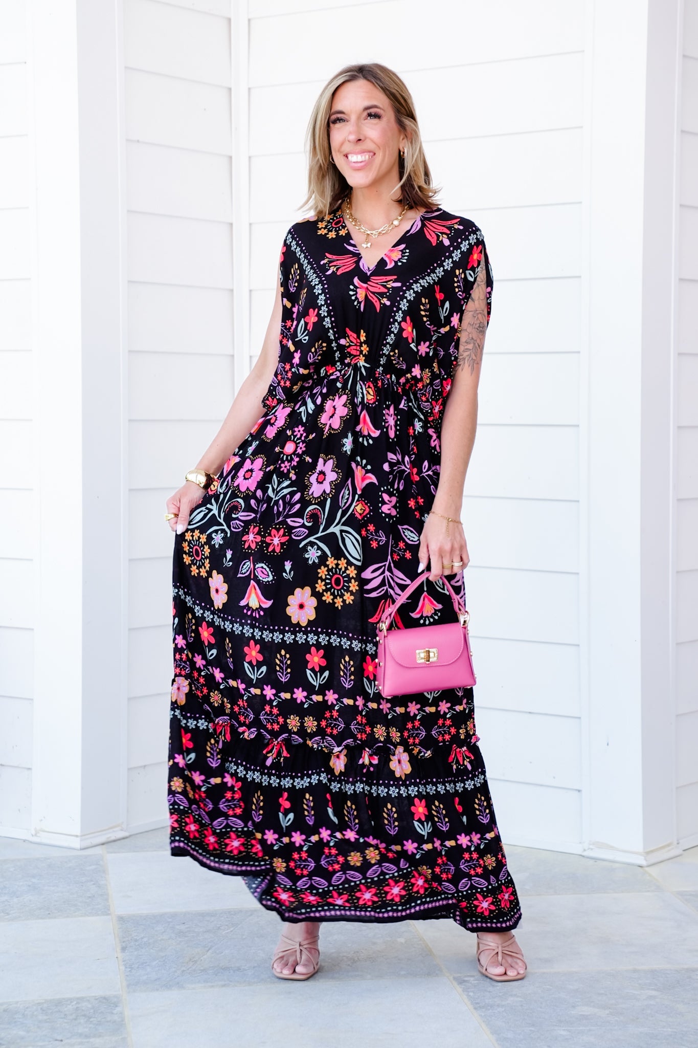 Black Floral Print Short Dolman Sleeve Maxi Dress with Side Pockets