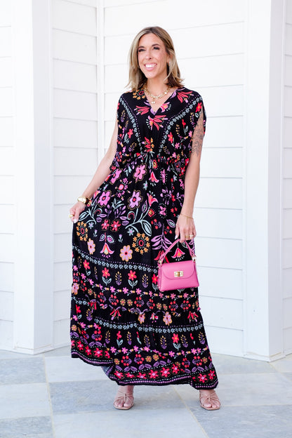Black Floral Print Short Dolman Sleeve Maxi Dress with Side Pockets
