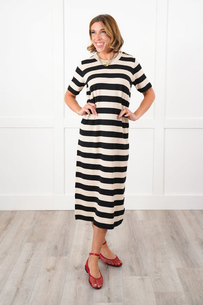 Wide Stripe Short Sleeve Crew Neck Knit Dress with Button Detail