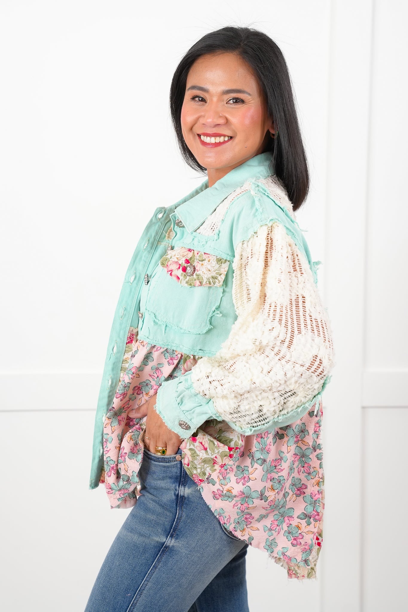 POL Mint Twill Long Sleeve A-Line Jacket with Crochet and Floral Detail