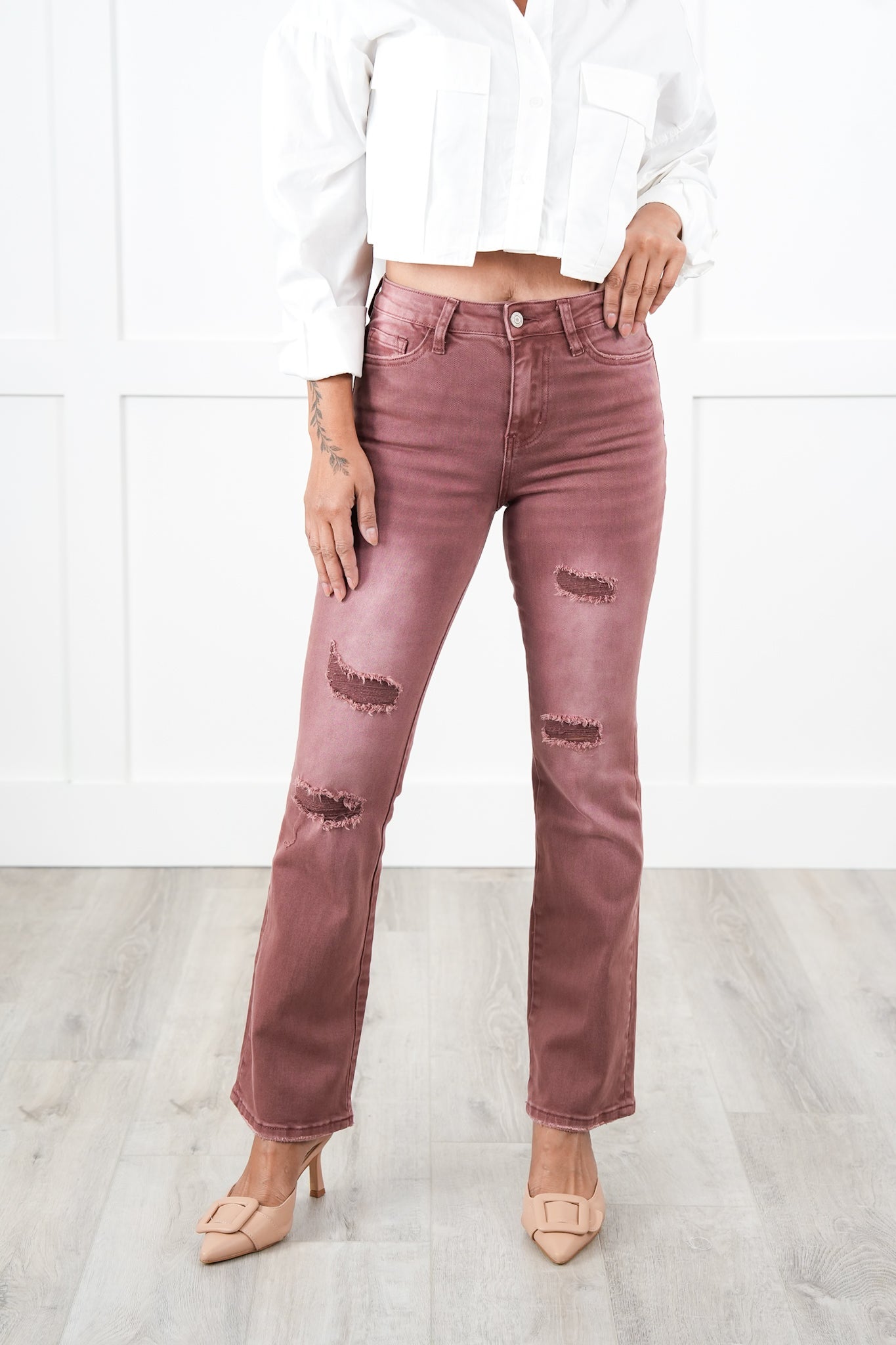 Vervet High Rise Dark Mauve Distressed Bootcut Jeans