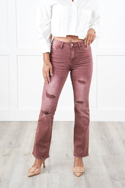 Vervet High Rise Dark Mauve Distressed Bootcut Jeans