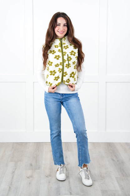 Green Floral Fleece Mock Neck Zip Up Vest