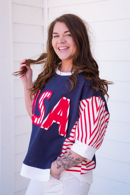 Restock! USA Lettering Patchwork Short Sleeve Pullover Top