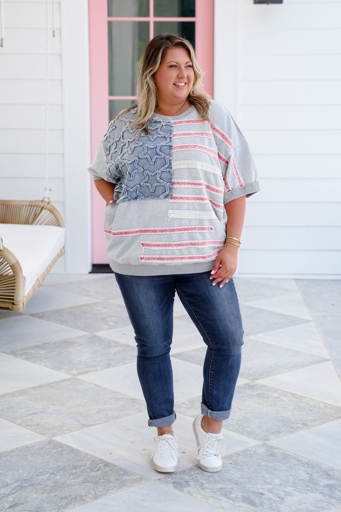Mineral Wash Short Sleeve Pullover with American Flag Detail