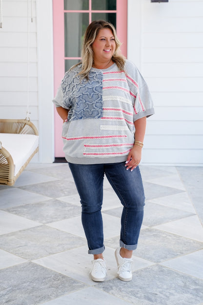 Mineral Wash Short Sleeve Pullover with American Flag Detail