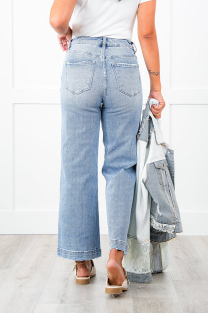 Restock! Risen High Rise Light Wash Cropped Wide Leg Jeans