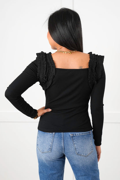Long Sleeve Square Neck Top with Ruffle Detail