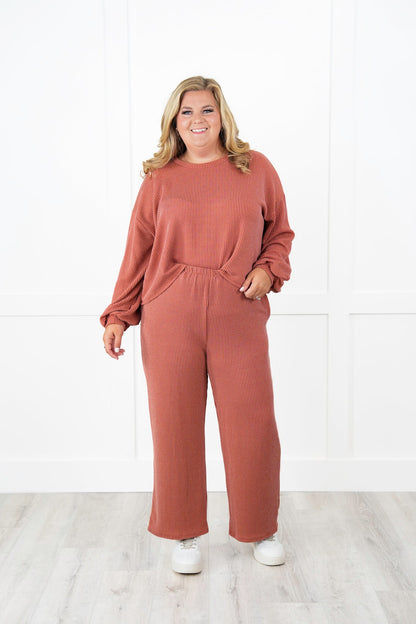Ribbed Long Sleeve Round Top With Elastic Waistband Lounge Pant Set (Multiple Colors)