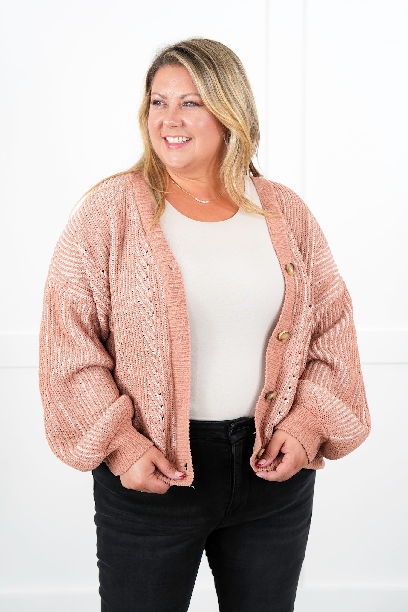 Plus/Reg Two Tone Long Sleeve Button Down Cardigan