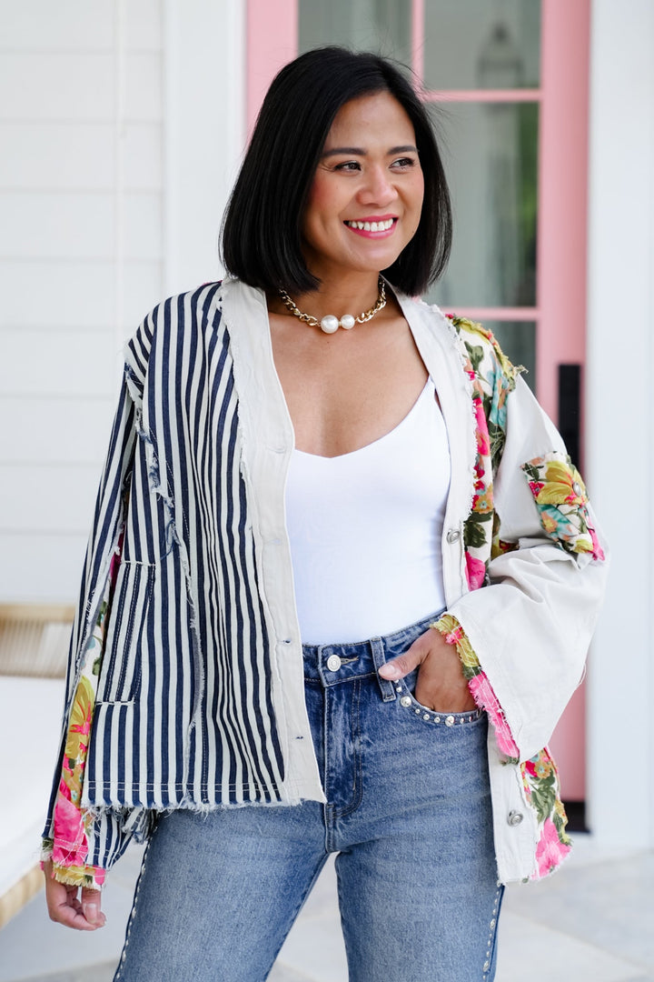 POL Floral and Stripe Long Sleeve Button Down Shacket