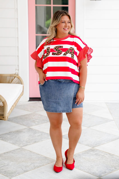 Stripe Ruffle Sleeve Top with Leopard "USA" Detail