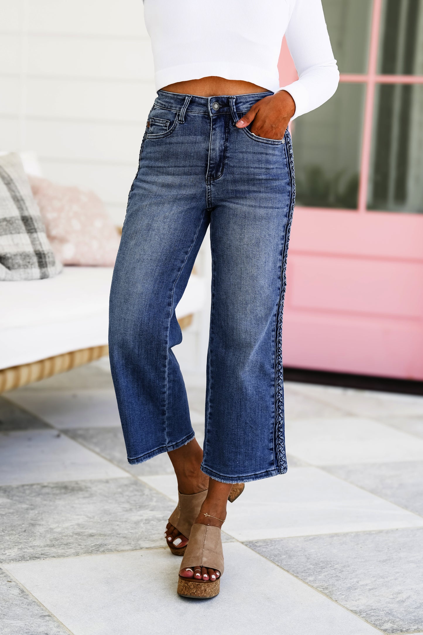Judy Blue High Rise Medium Wash Side Braid Cropped Wide Leg Jeans