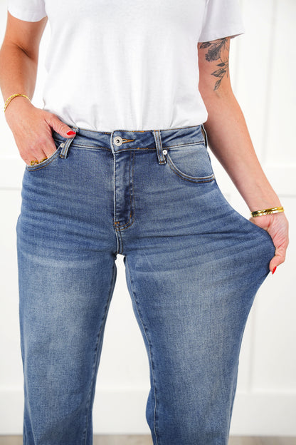 Special A Mid Rise Dark Wash Wide Leg Jeans