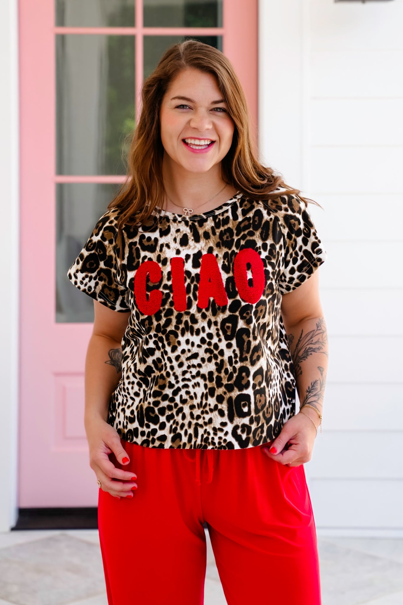 Plus/Reg Leopard Short Sleeve Top with "CIAO" Patch Detail