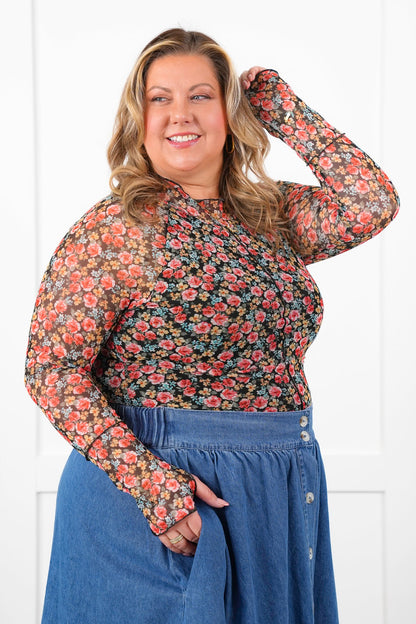 Restock! Plus/Reg Floral Mesh Long Sleeve Mock Neck Top