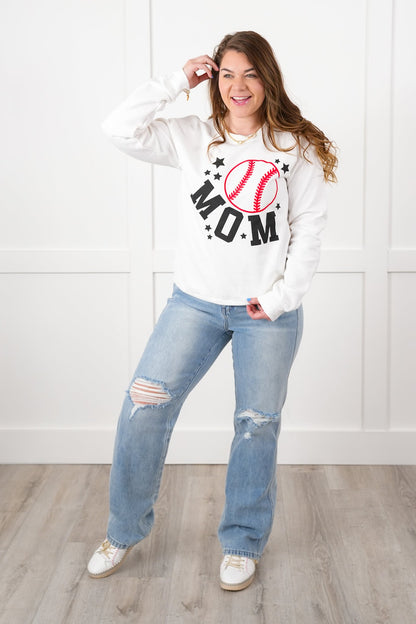 Plus/Reg Long Sleeve Baseball "Mom" Graphic Sweatshirt