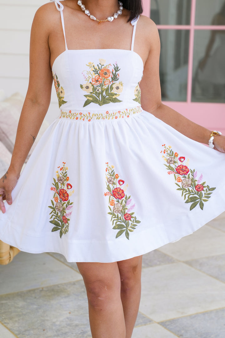Floral Embroidered Sleeveless Mini Dress with Shoulder Tie