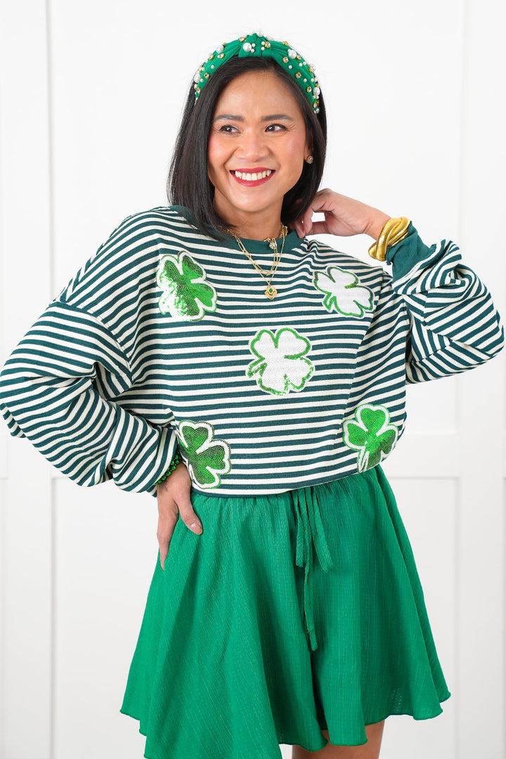 Sequin 4 Leaf Clover Stripe Long Sleeve Top