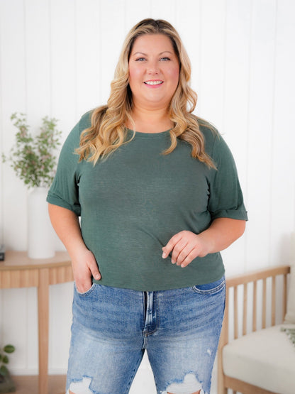 Plus/Reg Solid Short Cuffed Sleeve Top (Multiple Colors)