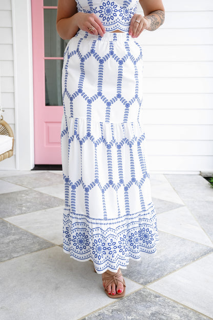 Restock! Clase Azul Embroidery Print Sleeveless Bustier Top and Maxi Skirt Set