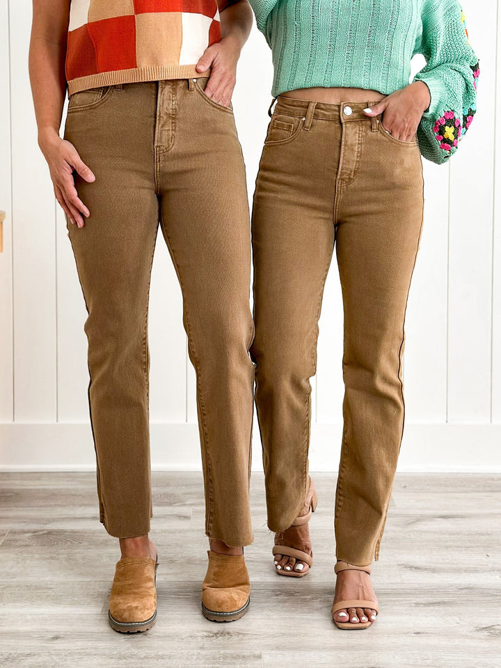 Risen High Rise Cocoa Tummy Control Raw Hem With Slit Slide Straight Leg Jeans