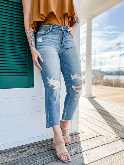 Judy Blue  Look At Me Now Medium Wash Mid Rise Distressed Cropped Straight Leg Jeans