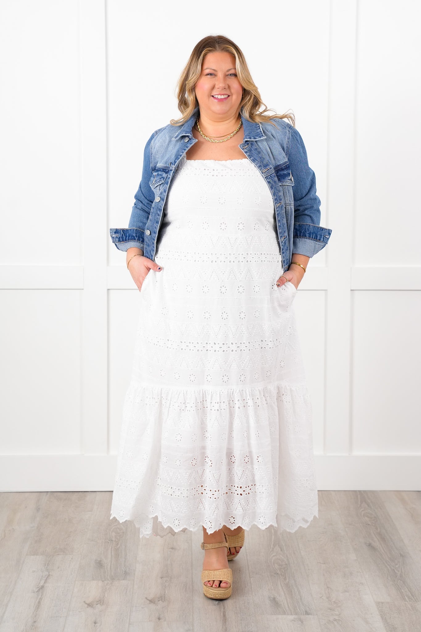Plus/Reg Sleeveless White Eyelet Scalloped Hem Dress