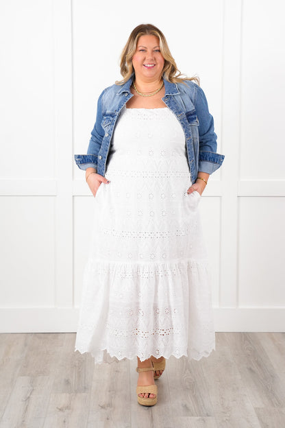 Plus/Reg Sleeveless White Eyelet Scalloped Hem Dress