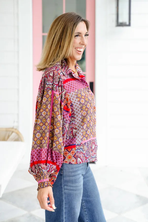 Boho Print Long Puff Sleeve Top