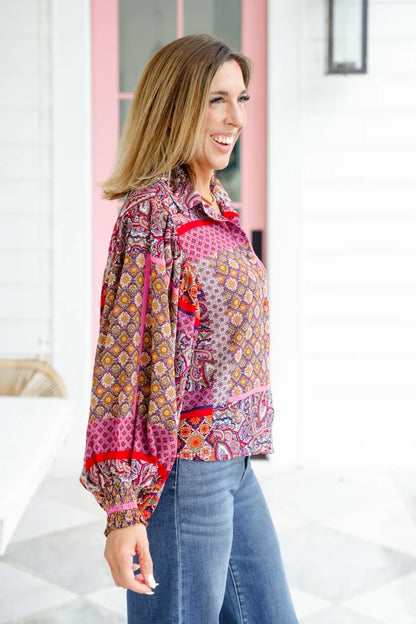 Boho Print Long Puff Sleeve Top