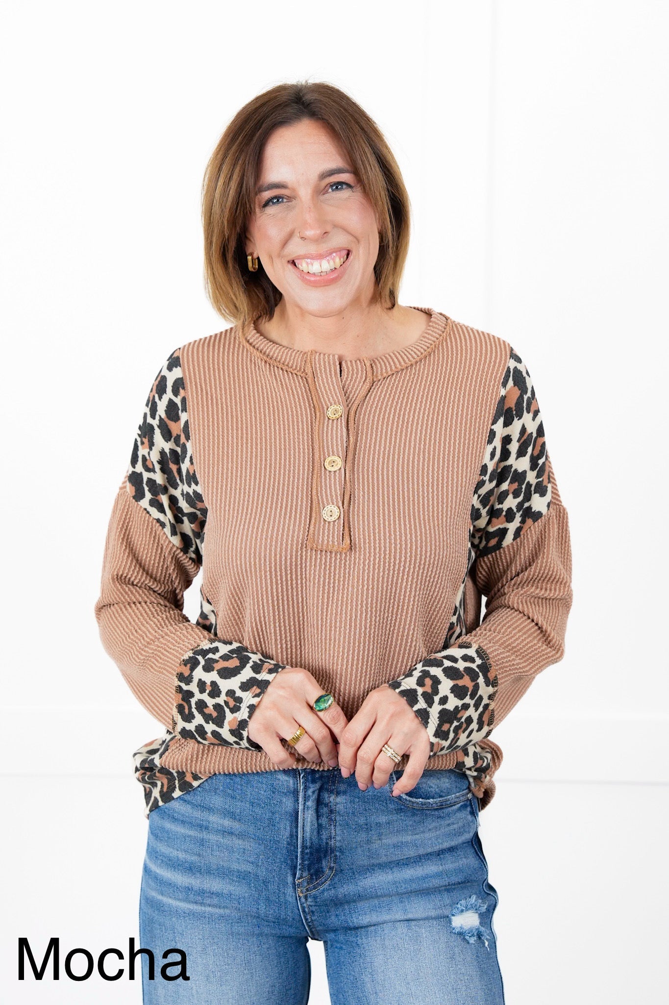 Plus/Reg Ribbed Long Sleeve Button Up Top with Leopard Detail