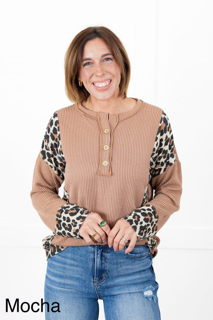 Plus/Reg Ribbed Long Sleeve Button Up Top with Leopard Detail