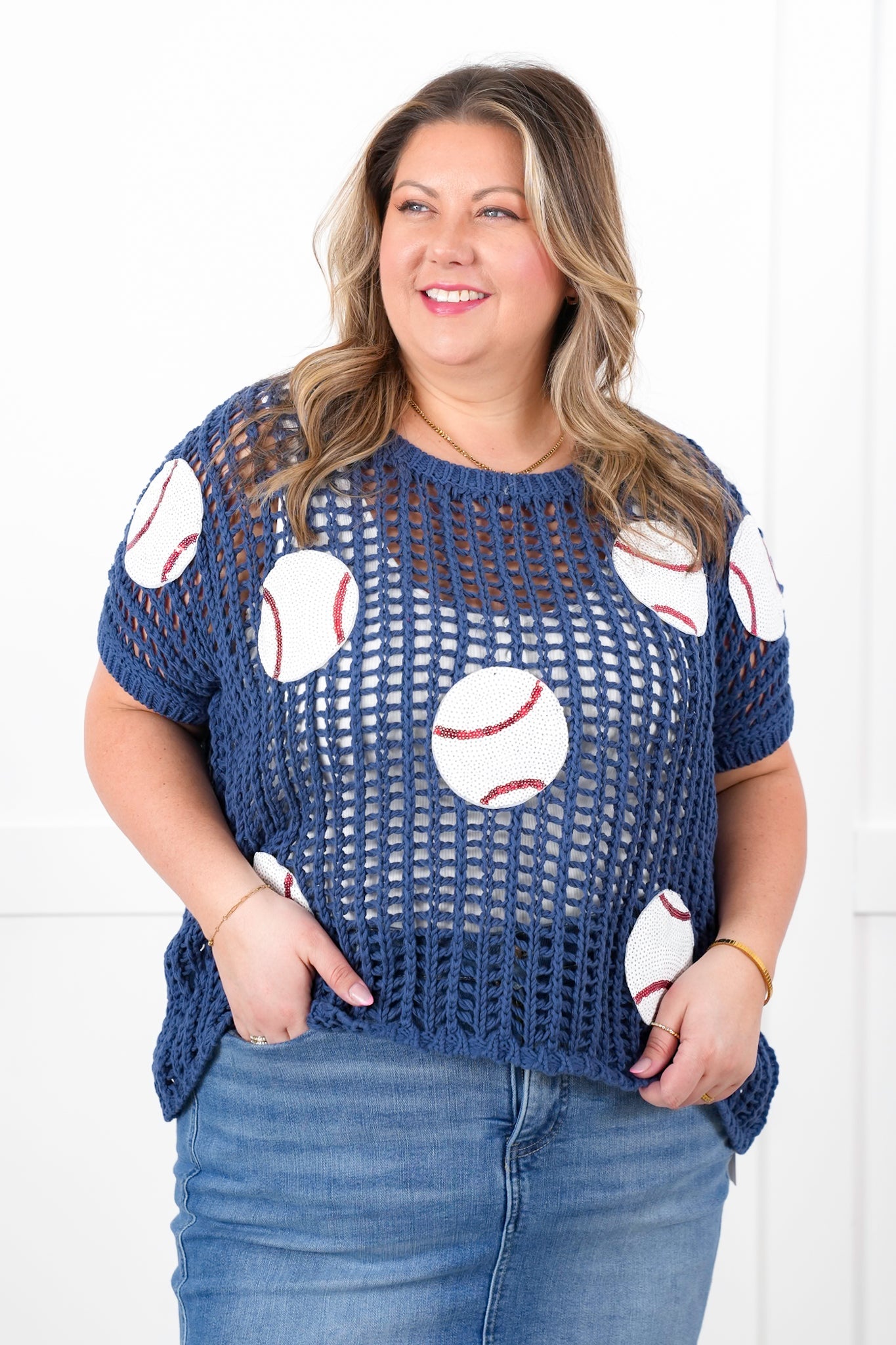 Loose Knit Short Sleeve Sweater with Sequin Baseball Patch Detail