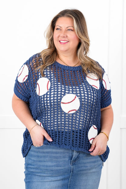 Loose Knit Short Sleeve Sweater with Sequin Baseball Patch Detail